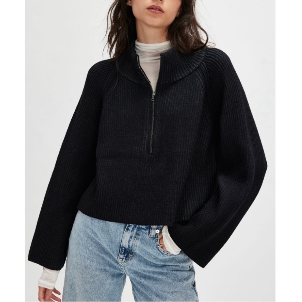 Free People Greta Half Zip Sweater Pullover Top Black Combo Size Large NEW NWT